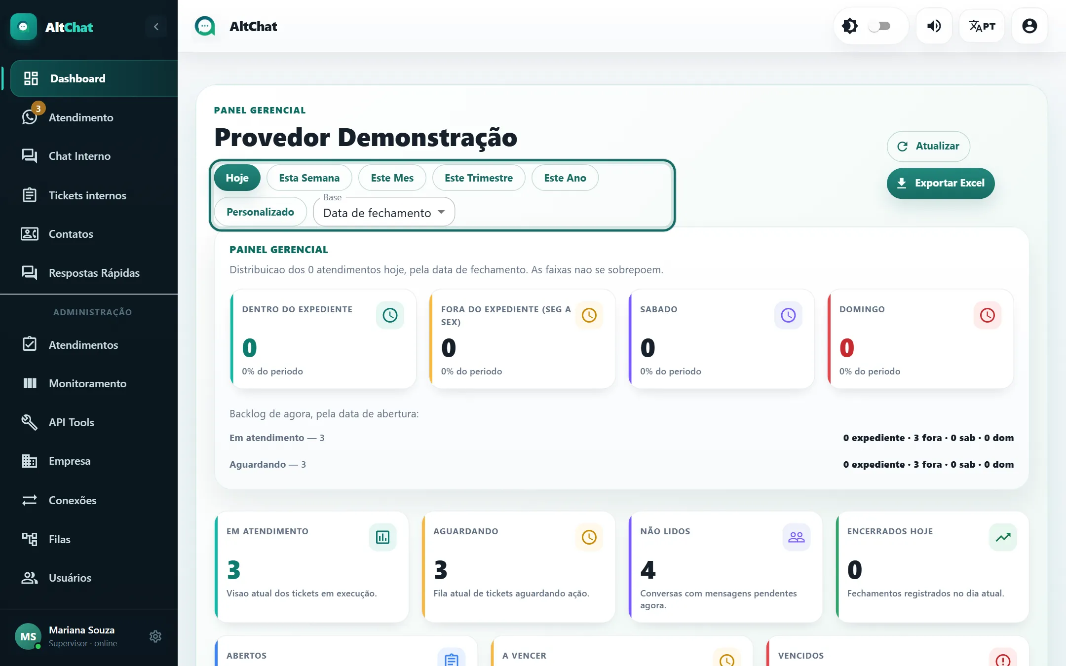 Botões de período do Dashboard
