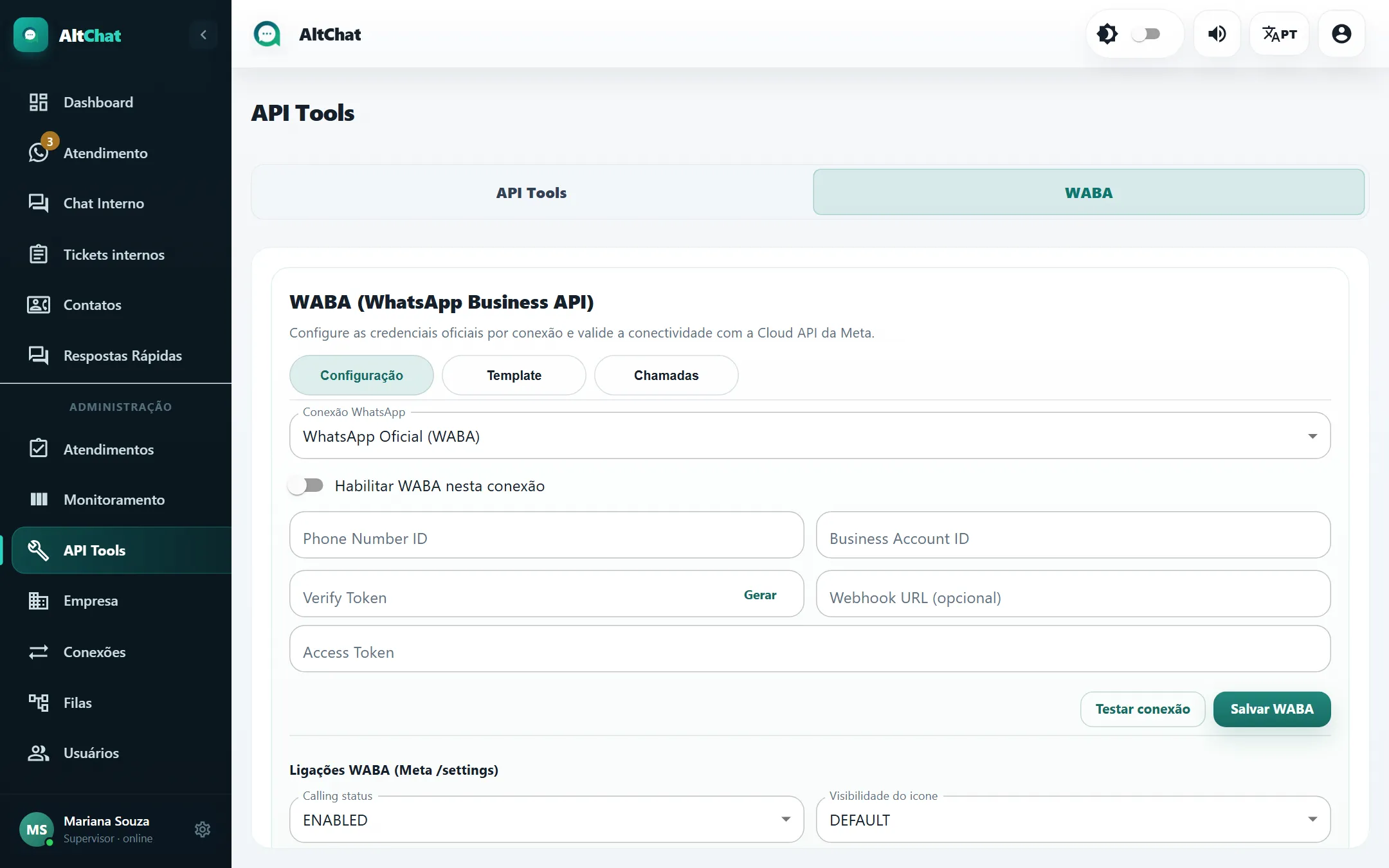 Aba WABA da tela API Tools com os campos de credenciais