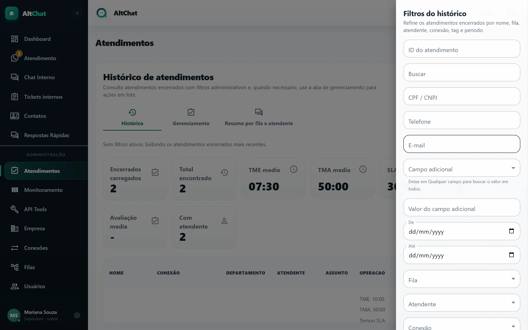Filtros da aba Histórico