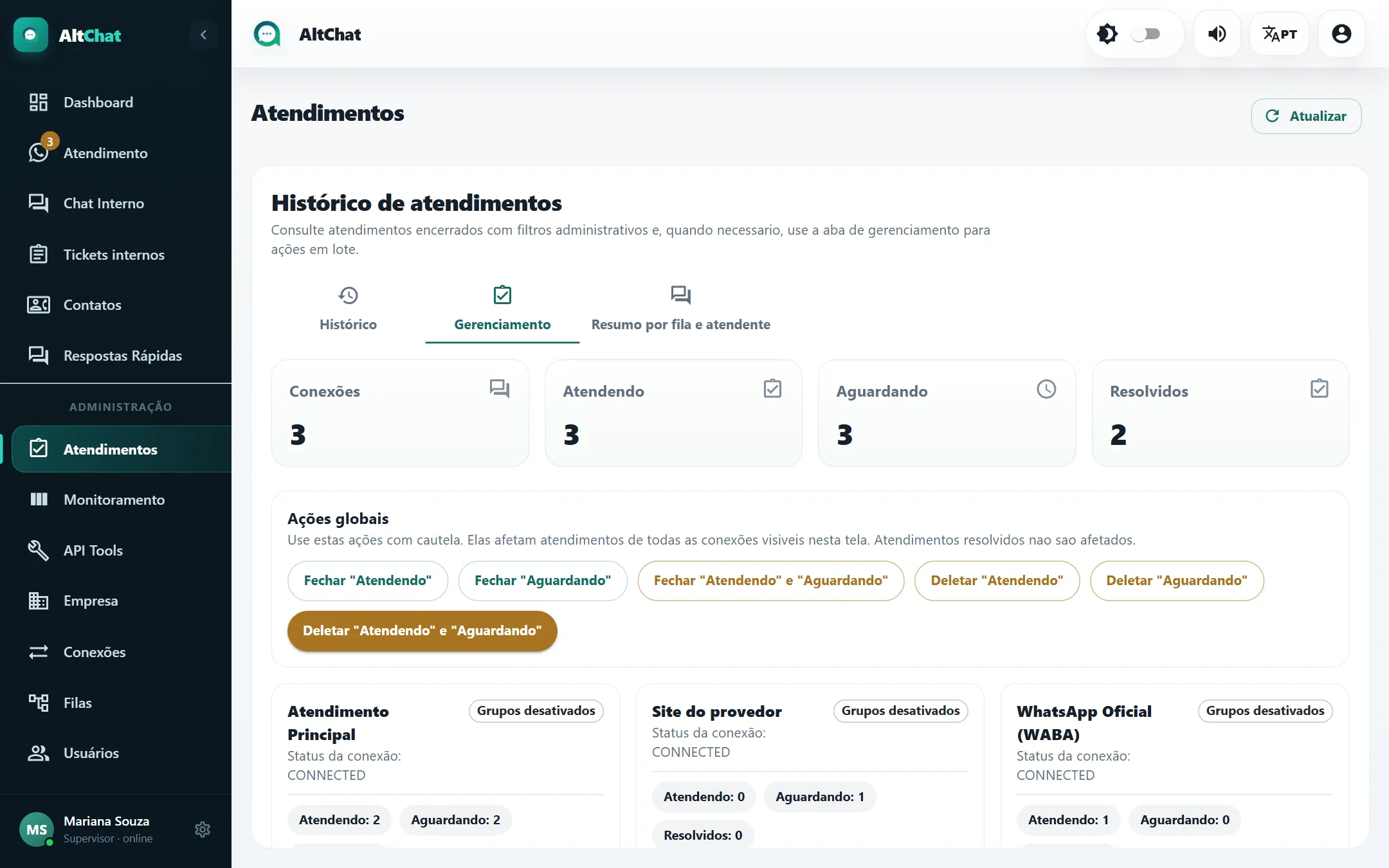 Aba Gerenciamento com as ações em lote por conexão