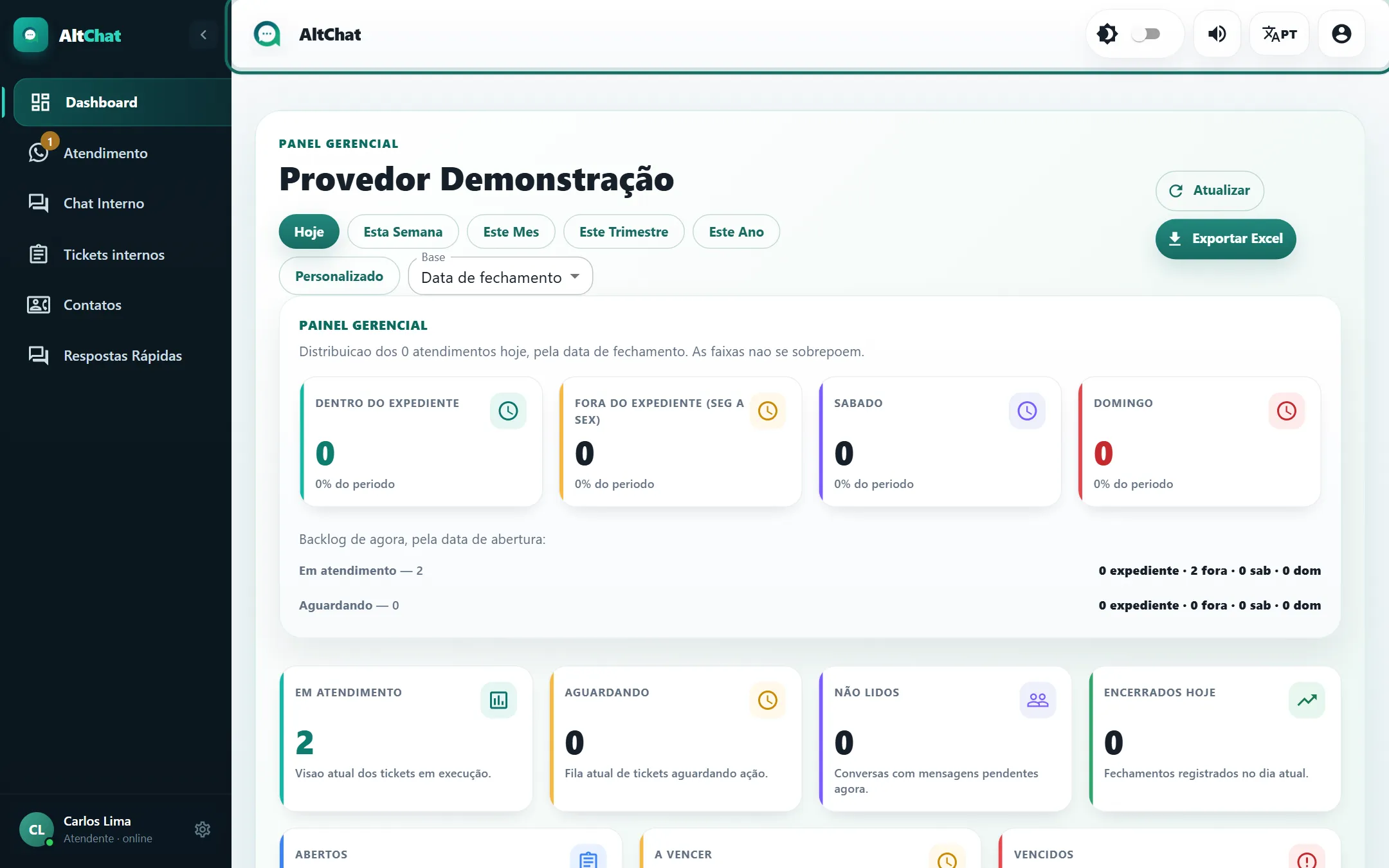 Barra superior do Altchat com tema, som, idioma e usuário
