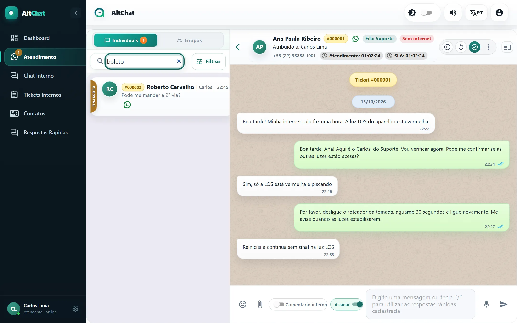 Busca por “boleto” mostrando atendimentos de qualquer status