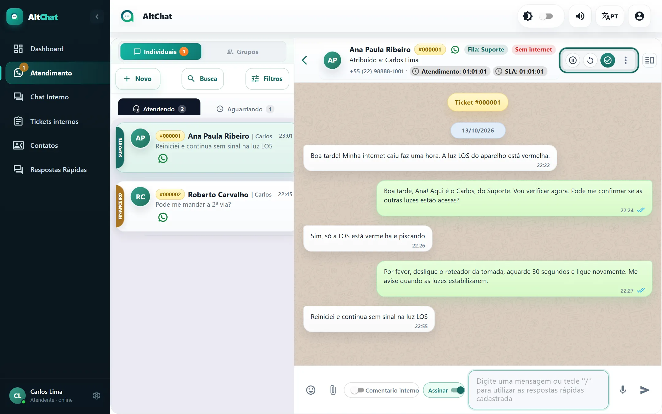 Cabeçalho do atendimento com fila, tag e responsável