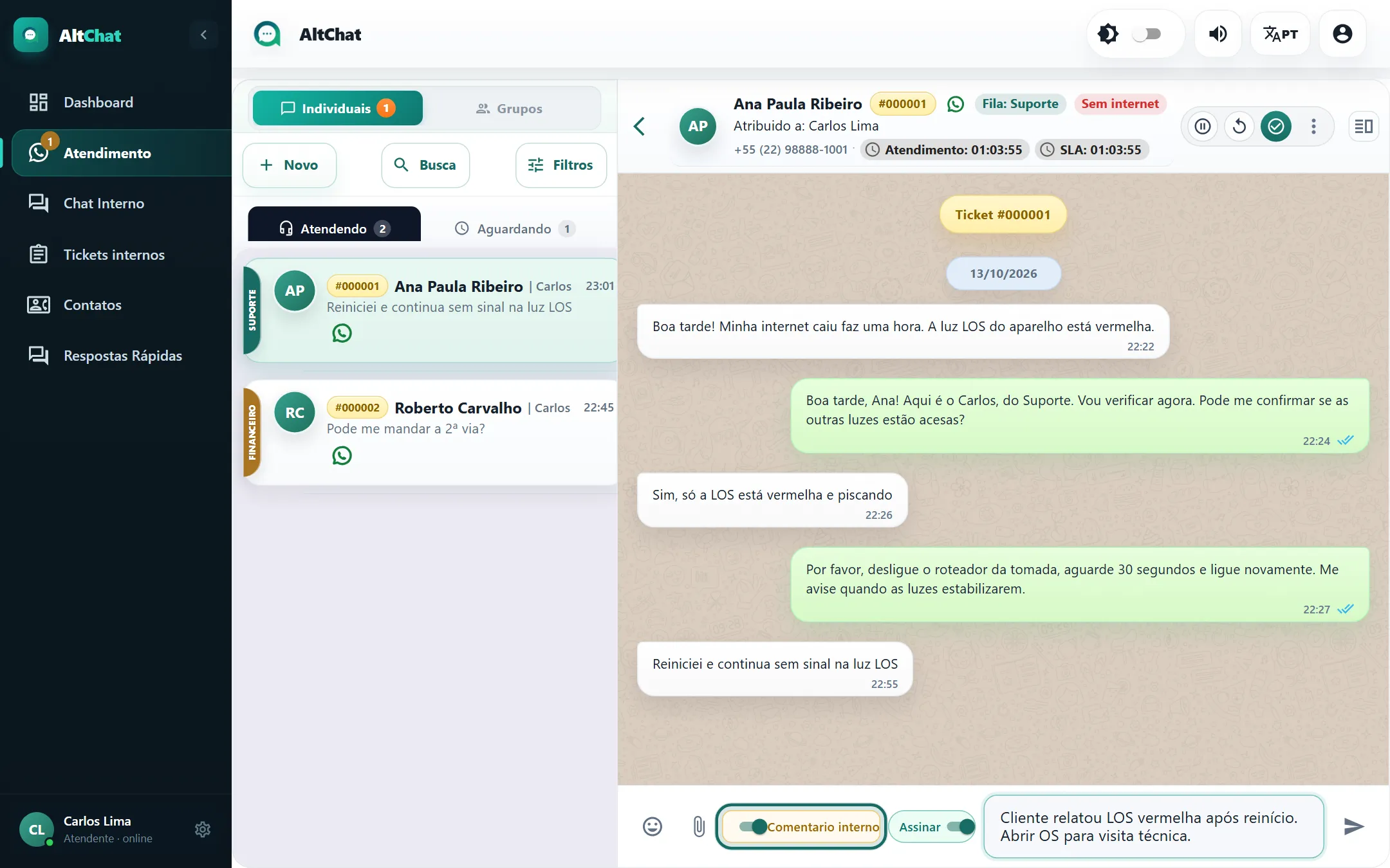 Caixa de mensagem com a chave Comentário interno ligada e um texto de anotação