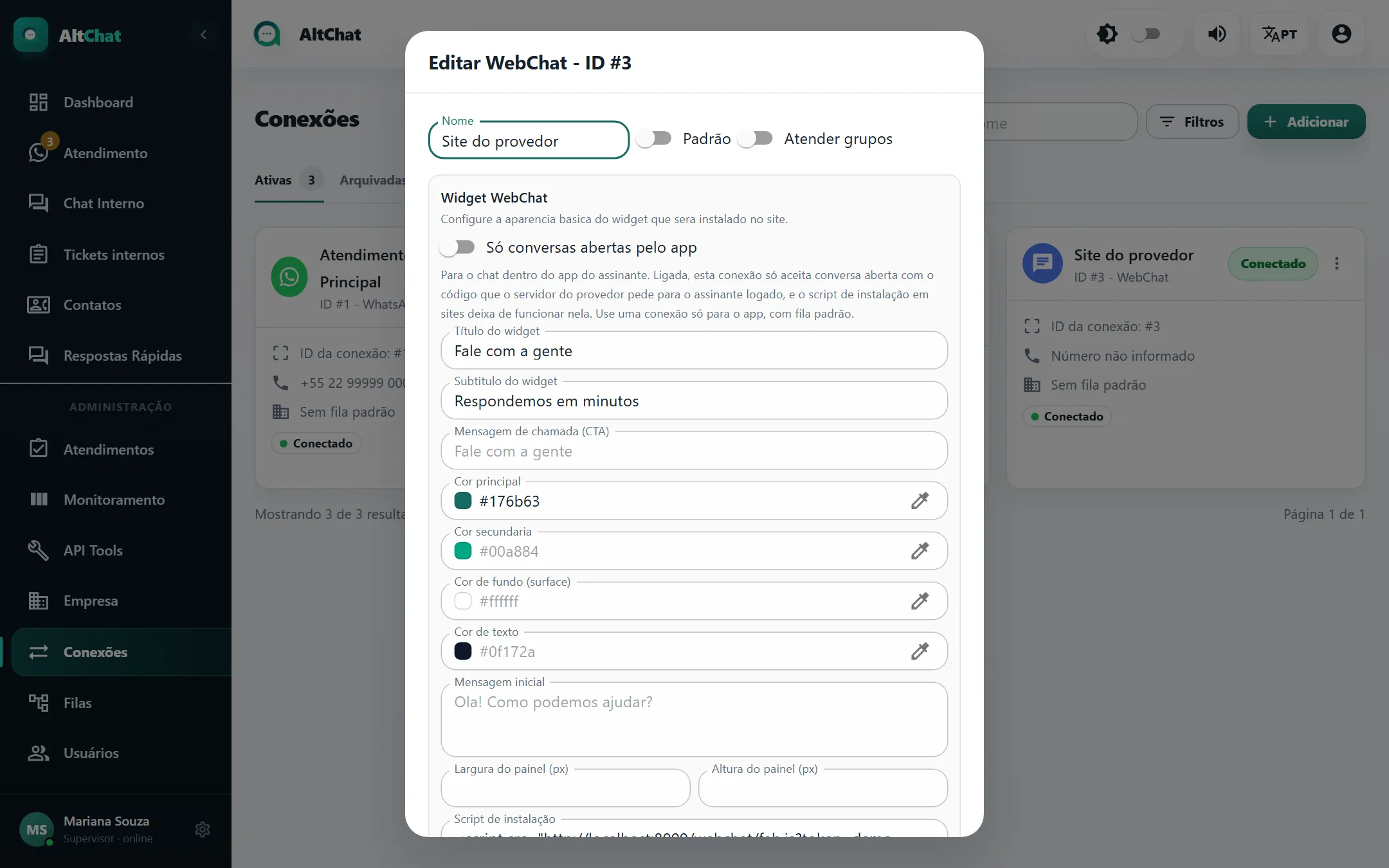 Janela de edição de uma conexão WebChat