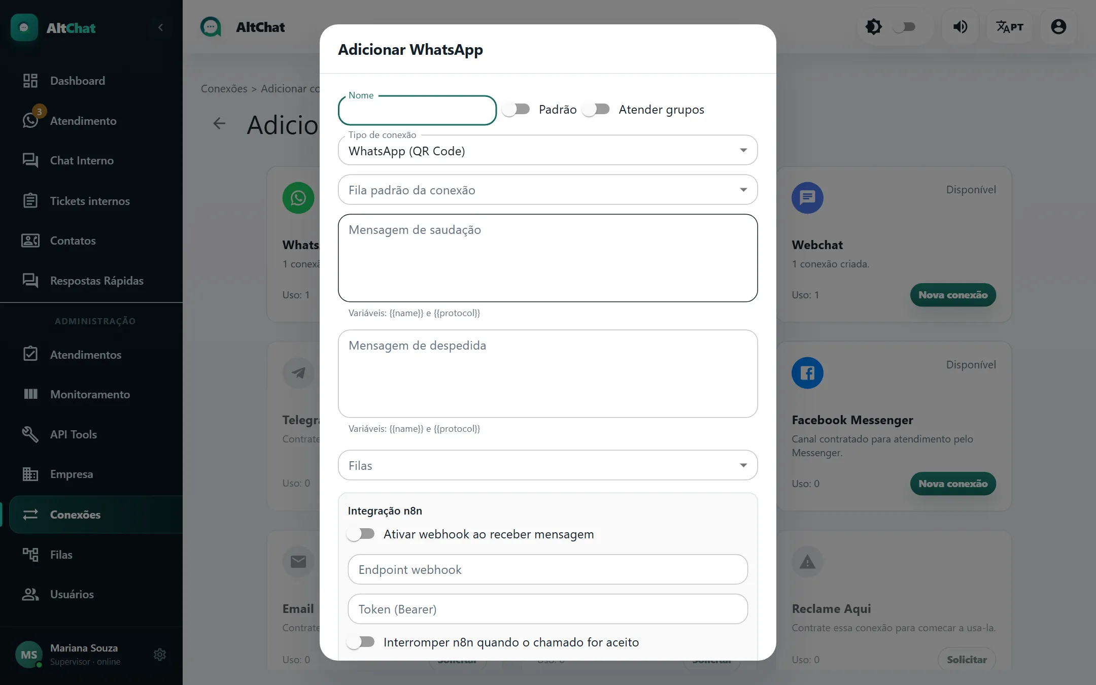 Janela Adicionar WhatsApp do tipo QR Code