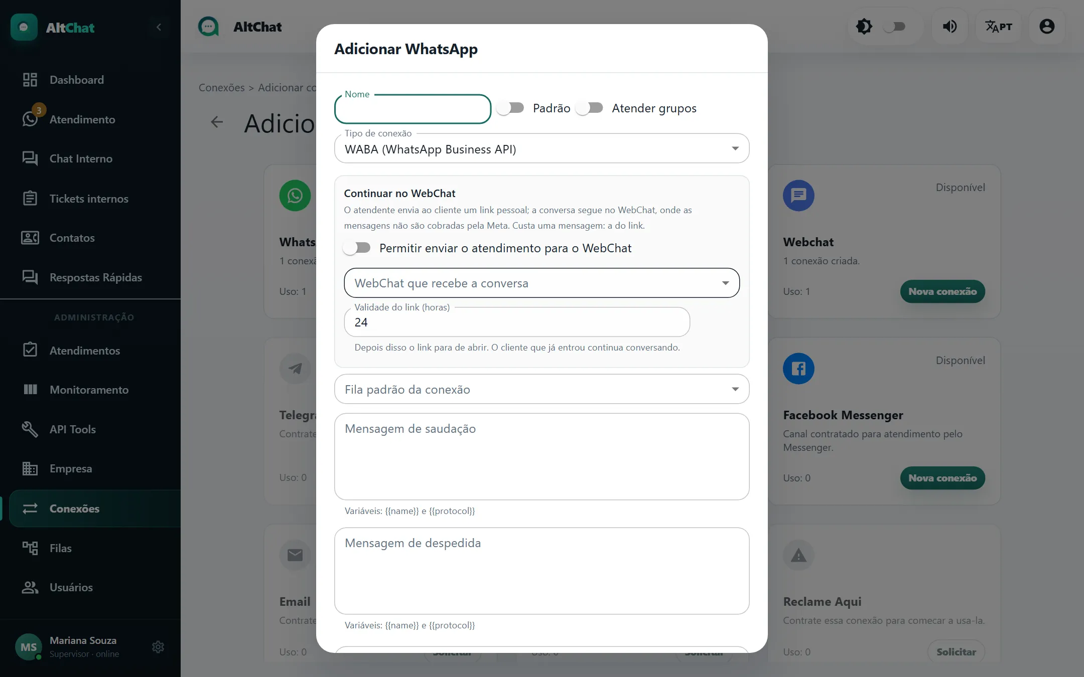 Janela Adicionar WhatsApp do tipo WABA