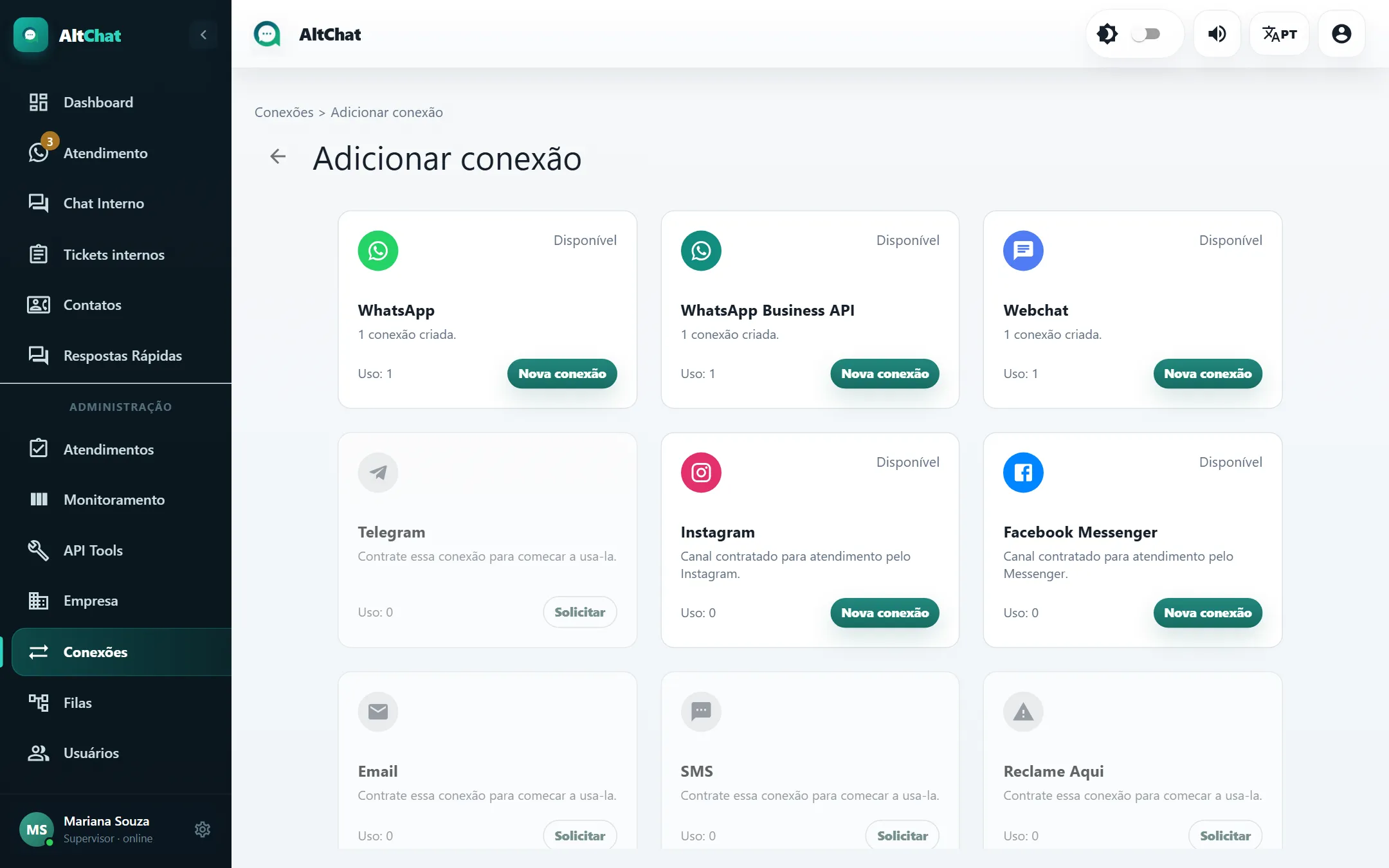 Catálogo de canais ao clicar em Adicionar