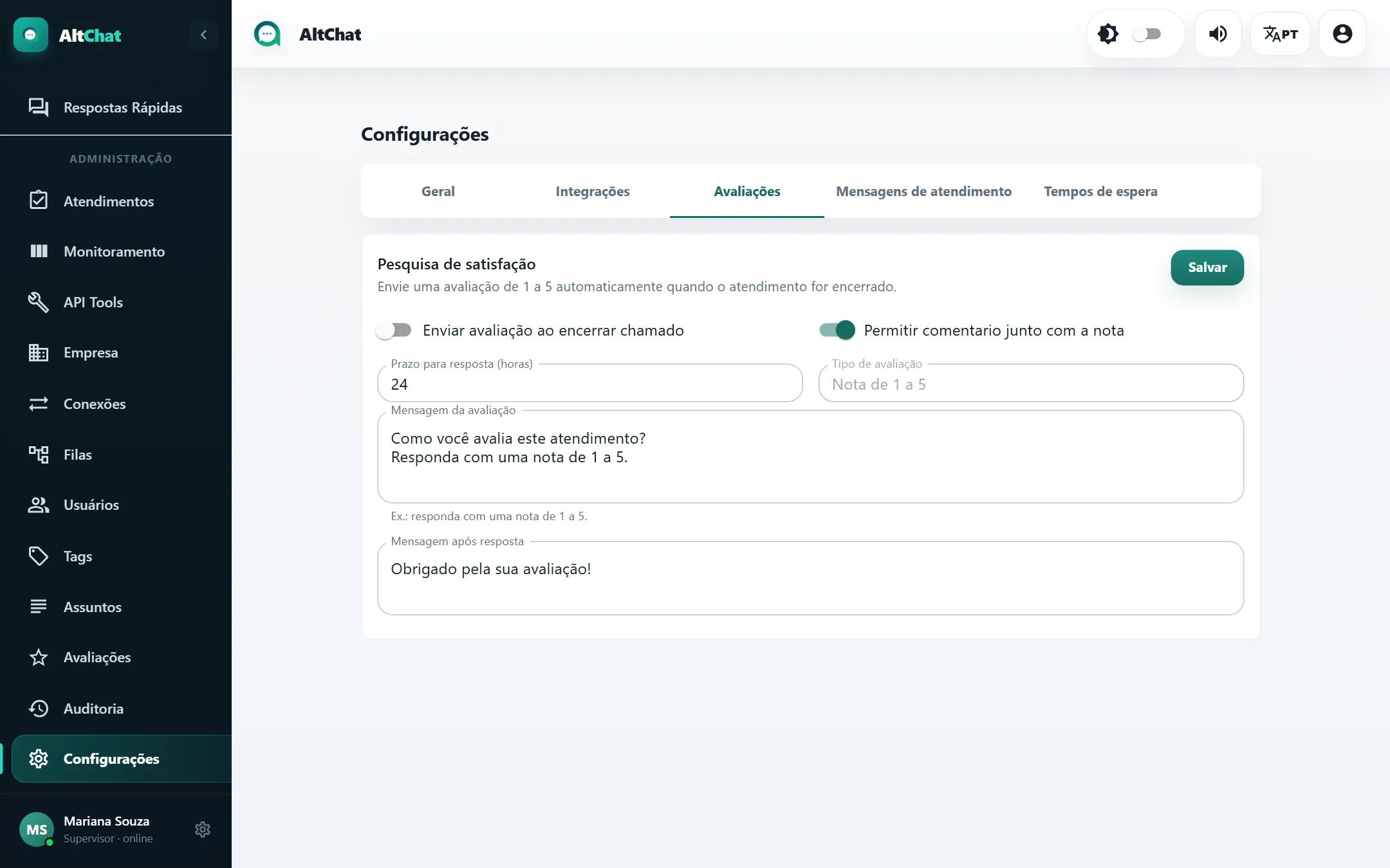 Aba Avaliações das Configurações