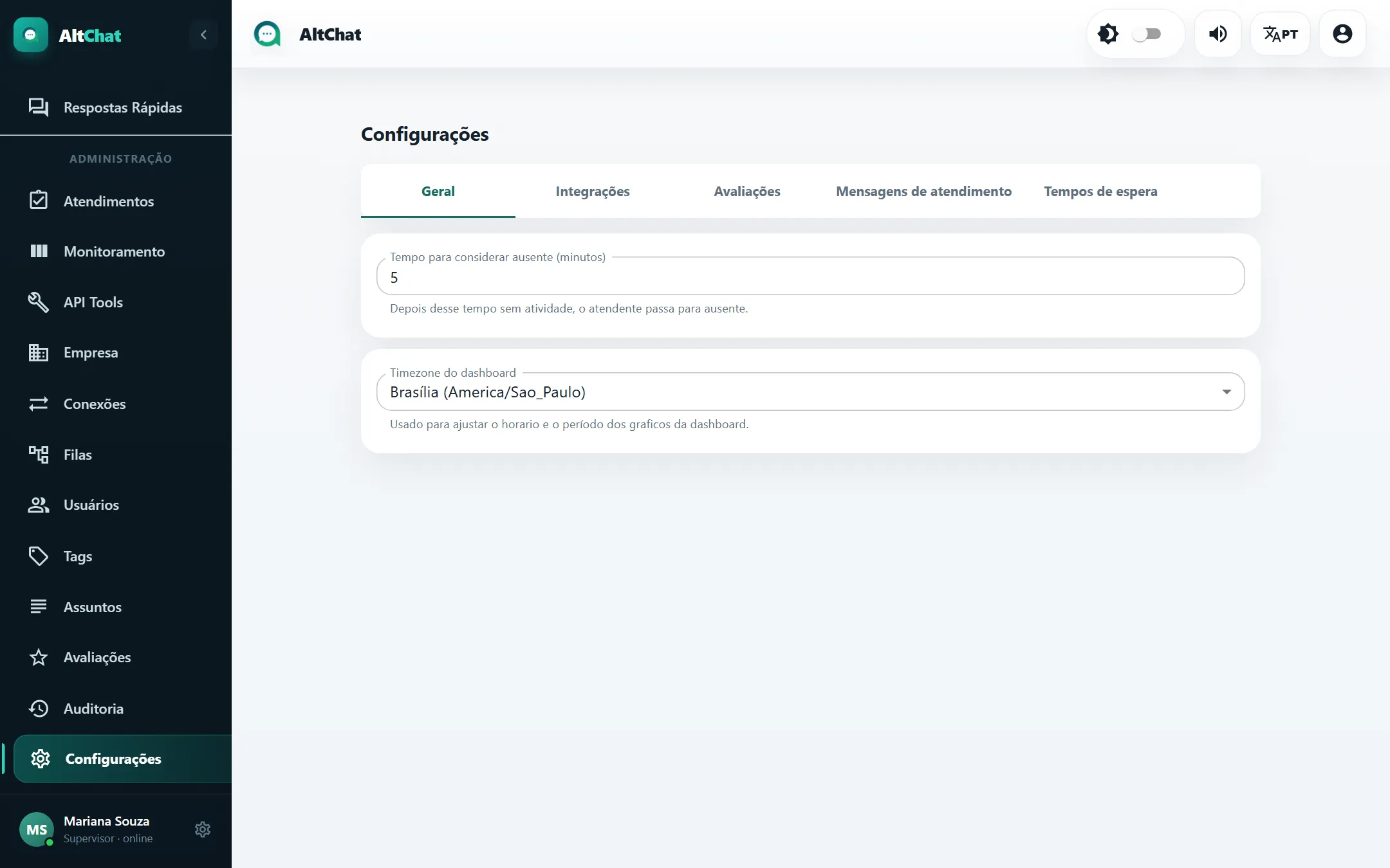 Aba Geral das Configurações