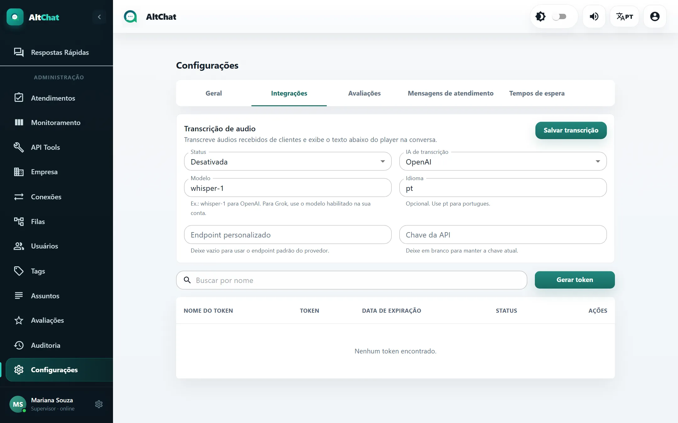 Aba Integrações das Configurações
