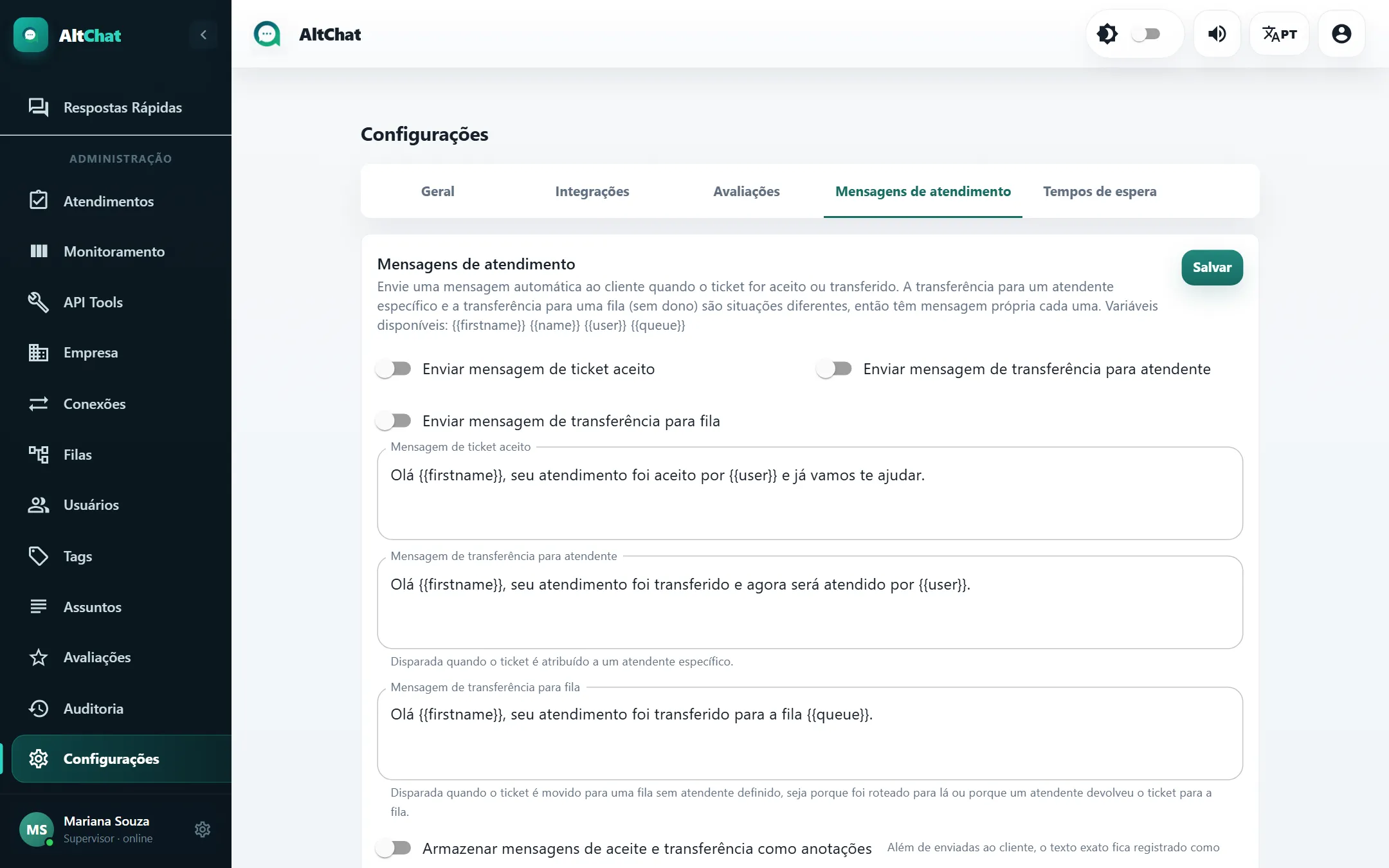 Aba Mensagens de atendimento