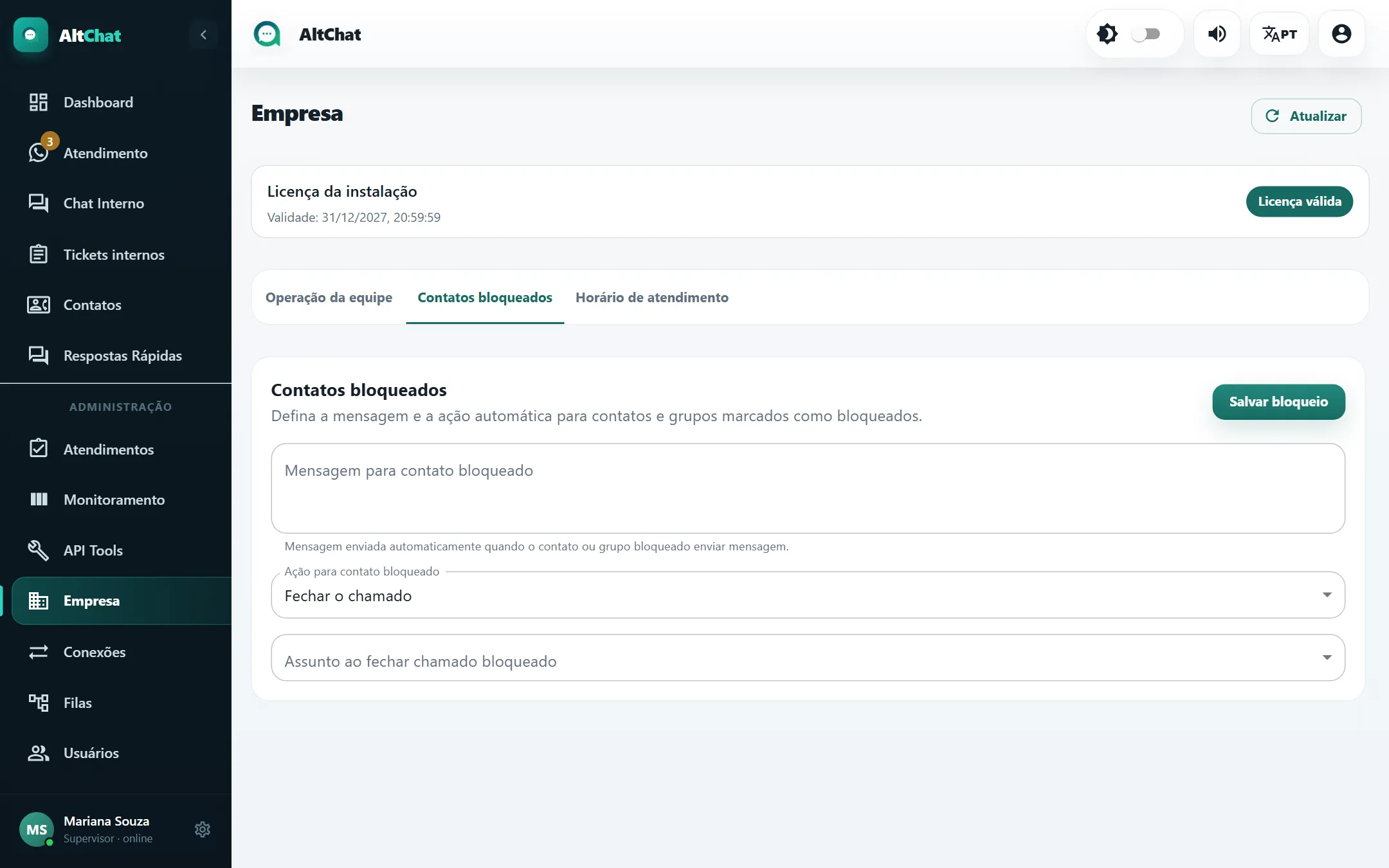 Aba Contatos bloqueados