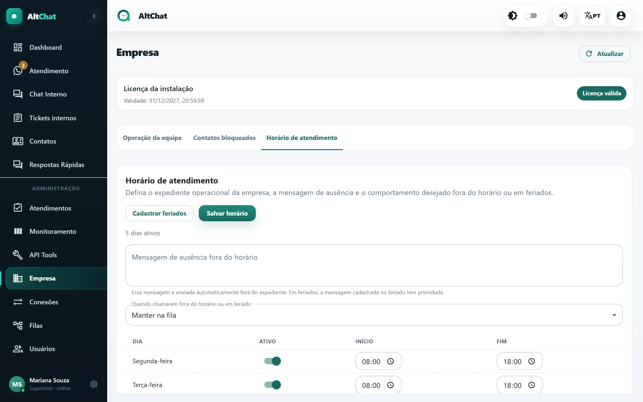 Aba Horário de atendimento