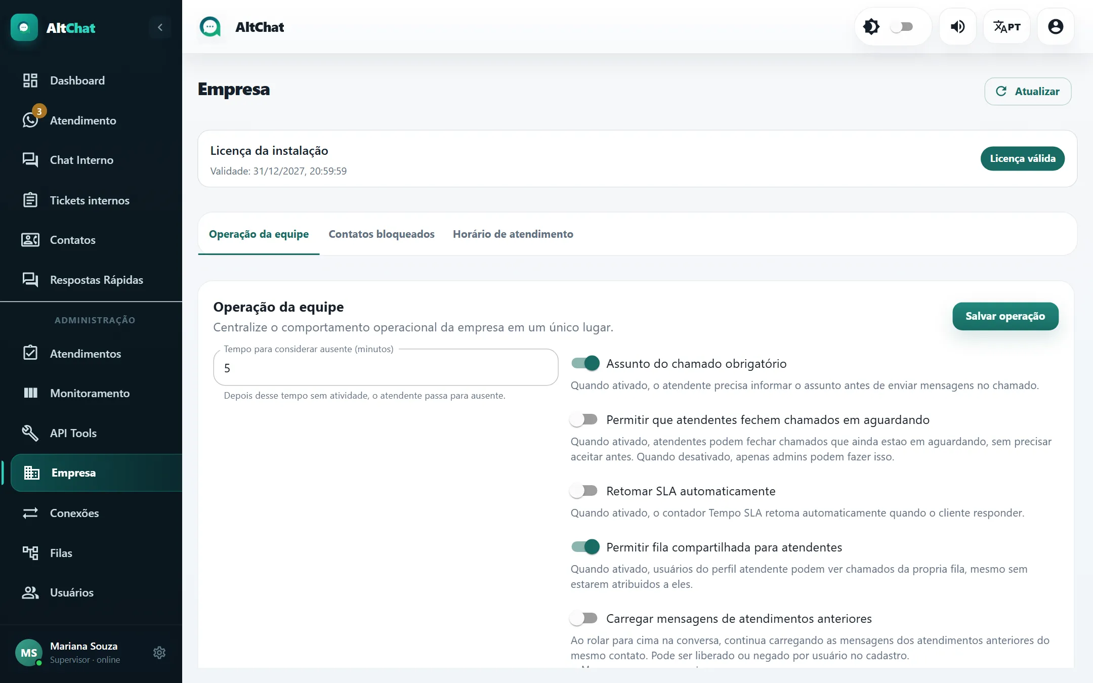 Aba Operação da equipe