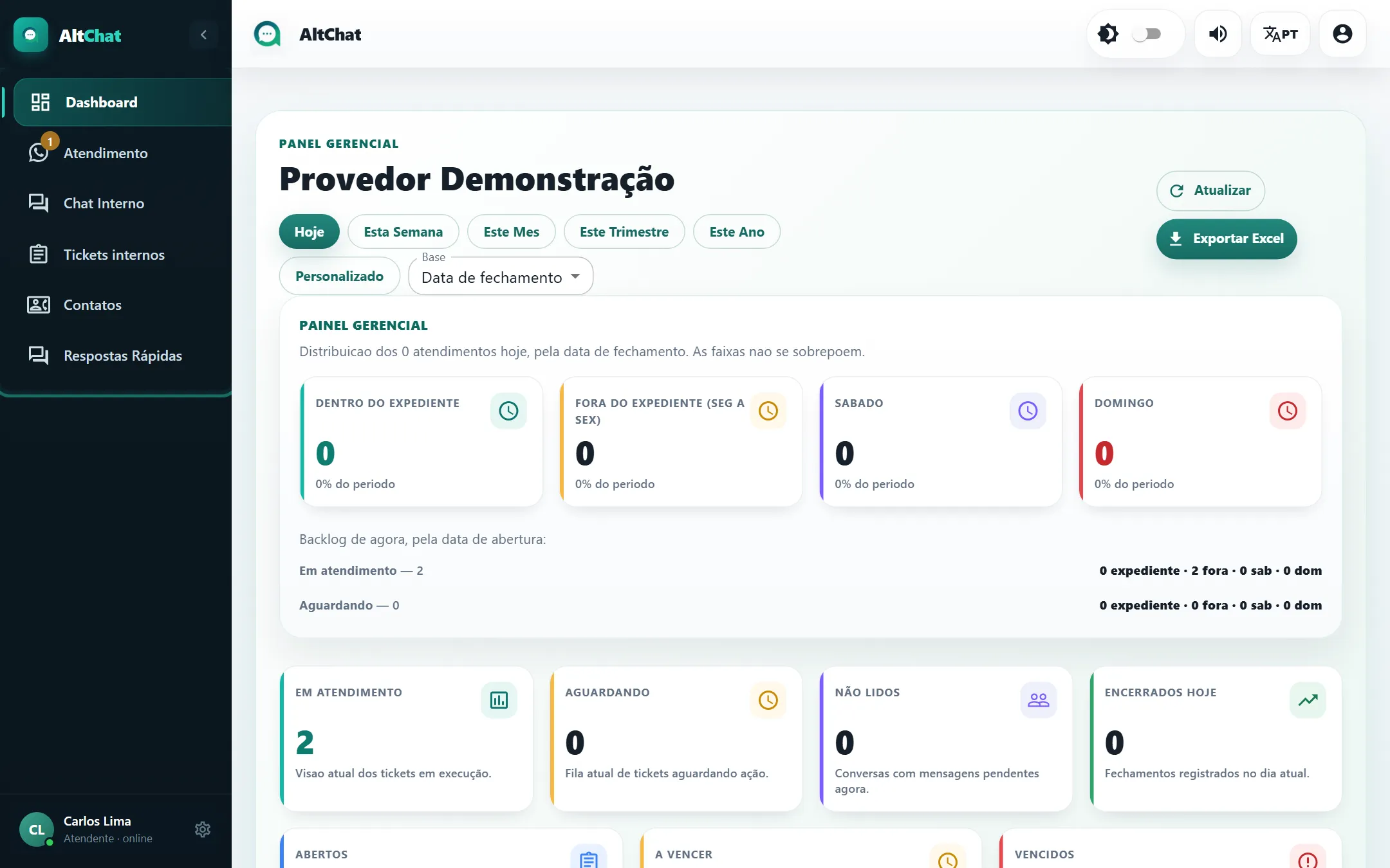 Menu lateral do Altchat com os itens do atendente