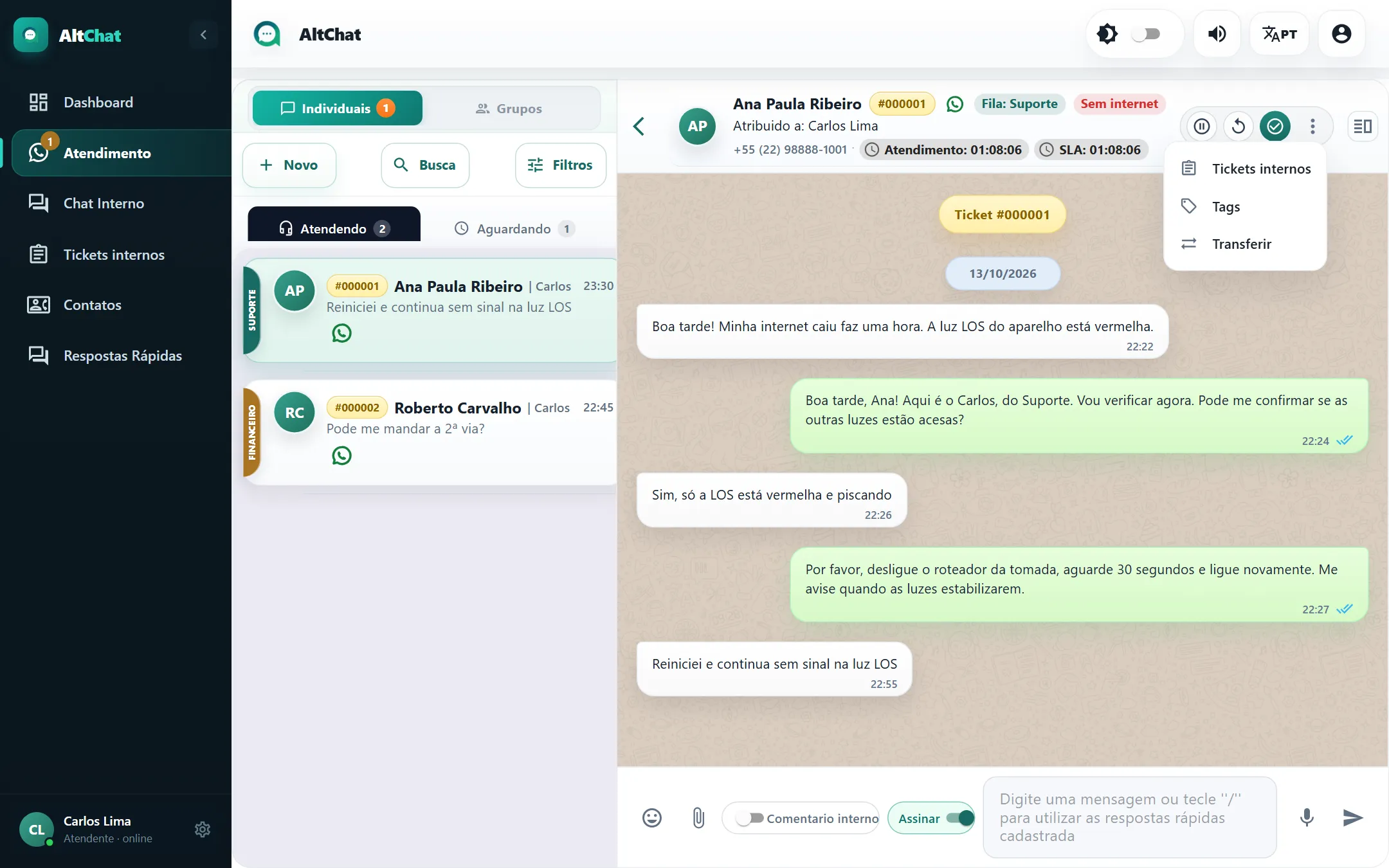 Menu de mais opções do atendimento com Tickets internos, Tags e Transferir