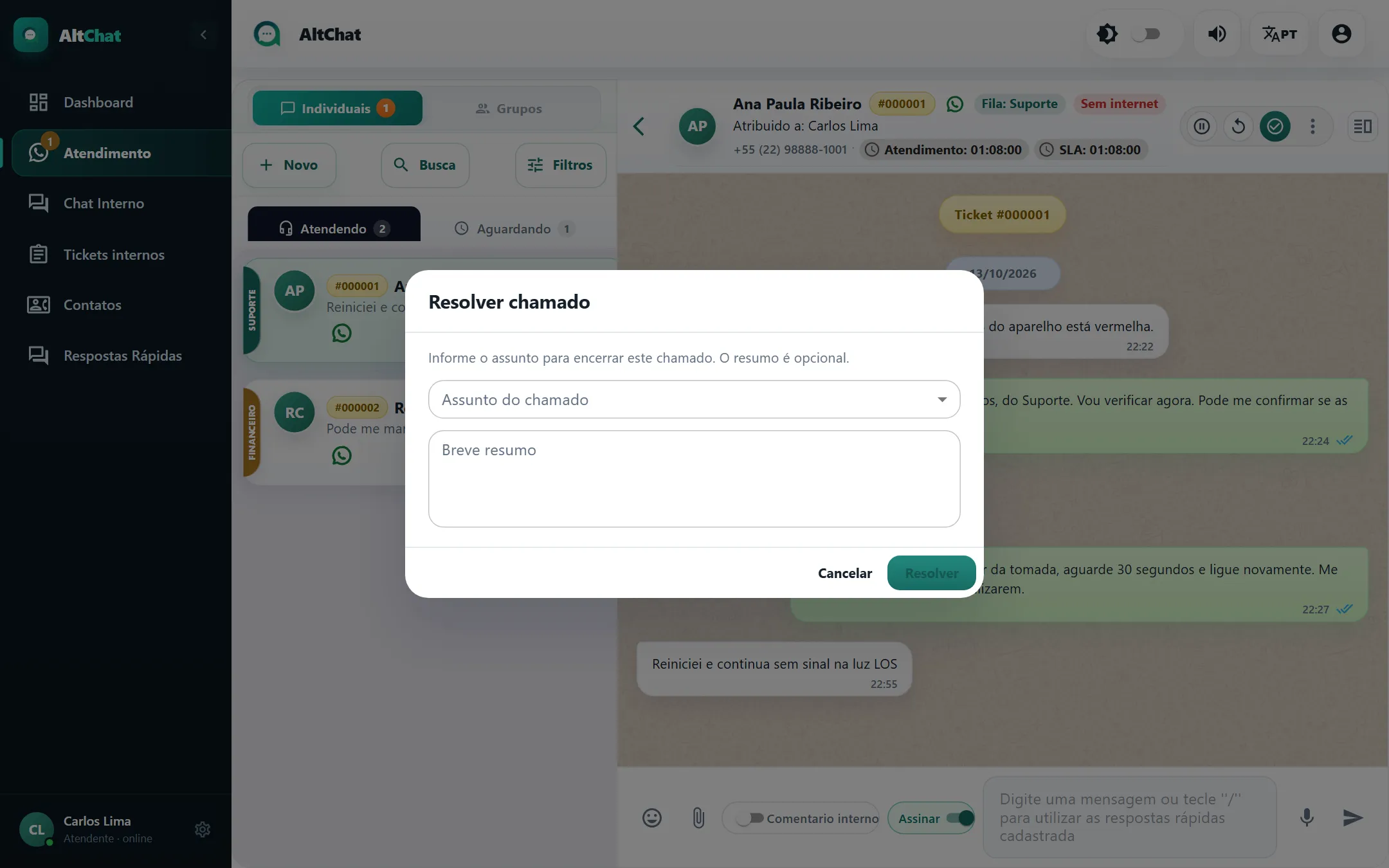 Janela Resolver chamado com assunto e resumo