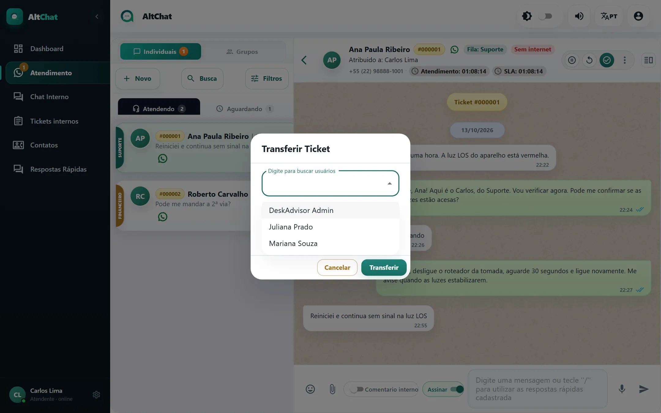 Janela Transferir Ticket com fila, atendente e conexão